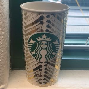 2015 Starbucks HTF White & Gold Chevron Double Wall coffee/tea Tumbler